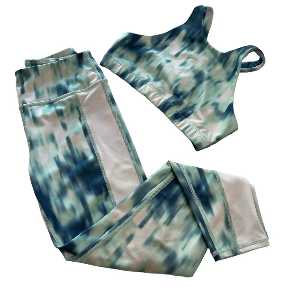 Z by Zella Leggings & Sports Bra Set Green & White Girls Size M (8-10)